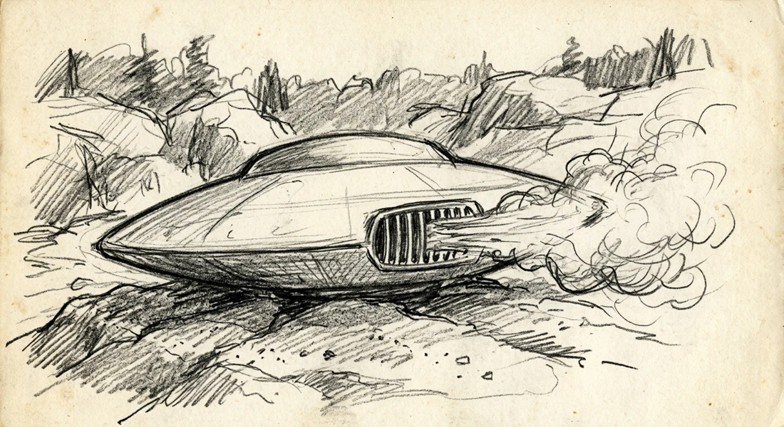 Eyewitness-style sketch of the landed Falcon Lake craft venting gas