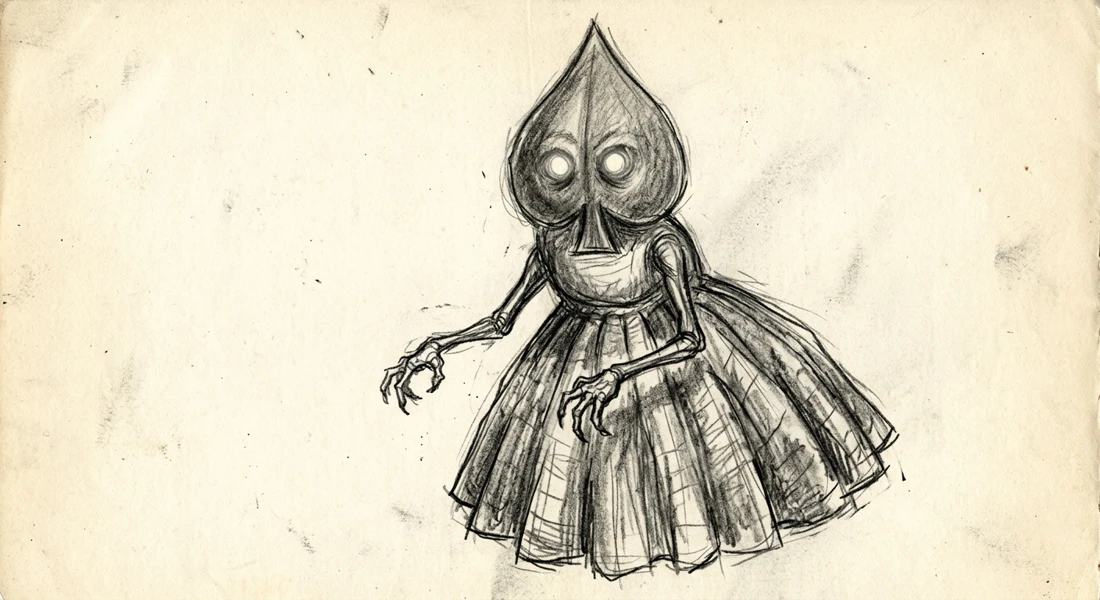 Eyewitness-style sketch of the Flatwoods Monster with a spade-shaped head