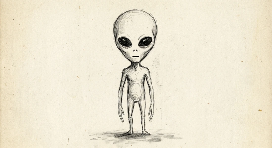 Hand-drawn eyewitness-style sketch of a classic Grey alien with a large head and big black eyes