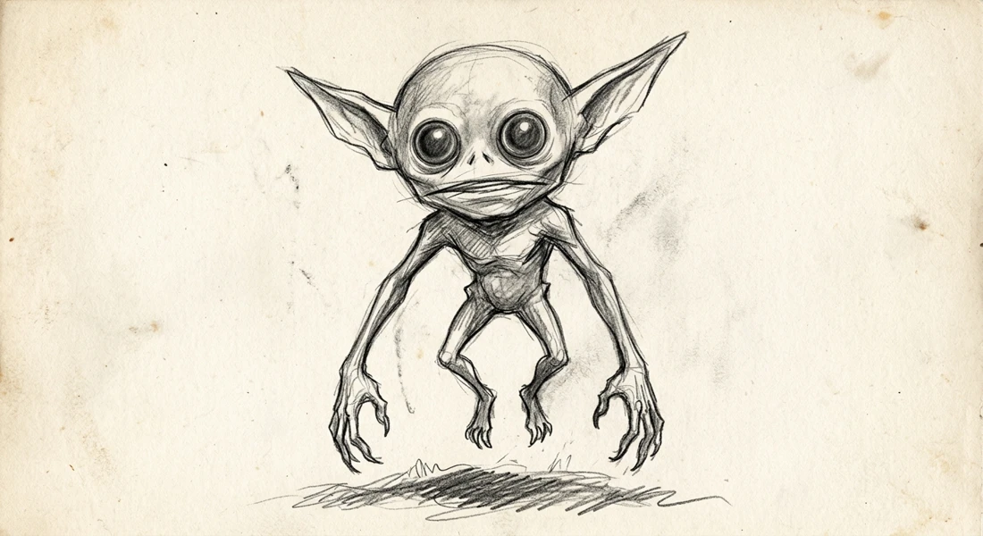 Eyewitness-style sketch of a Kelly–Hopkinsville goblin