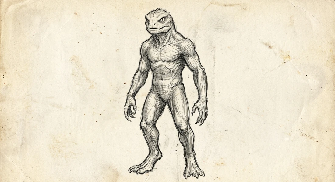 Eyewitness-style sketch of a reptilian humanoid
