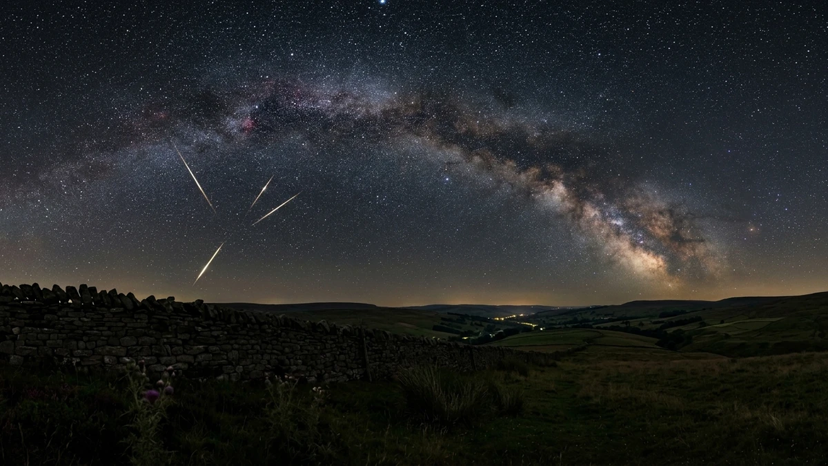 Perseid meteors streaking across a fully dark moonless sky above a UK field, with the Milky Way visible overhead