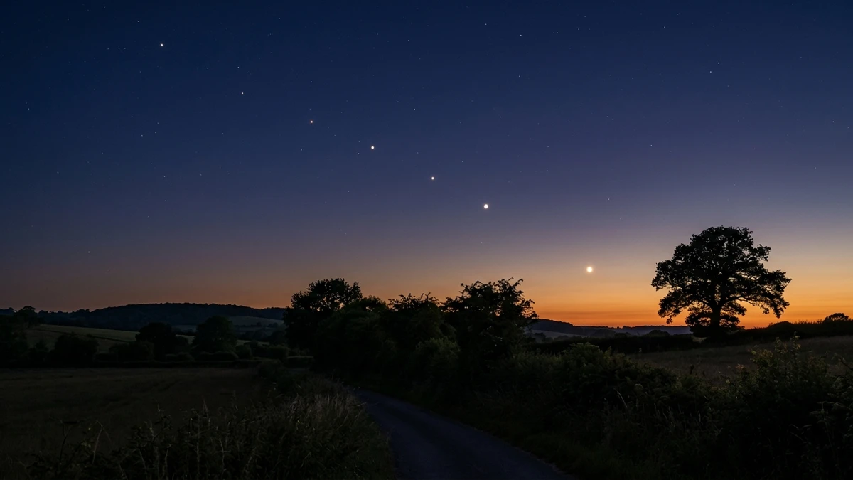 Pre-dawn sky over UK countryside showing Jupiter, Mars and Mercury low in the east with Saturn higher in the south