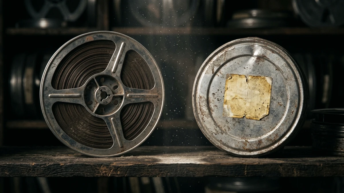 An old reel-to-reel tape and metal film canister on a dark archive shelf, lit by a single beam