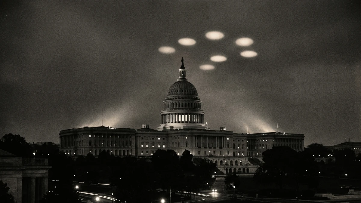 The US Capitol dome at night in a 1950s style, with faint glowing lights in the sky above it