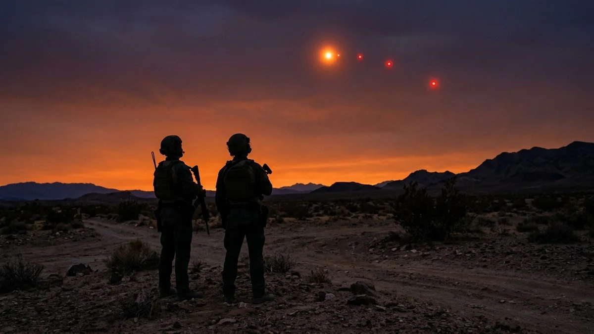 Silhouettes of two federal agents at dusk watching orbs in the sky above a desert landscape