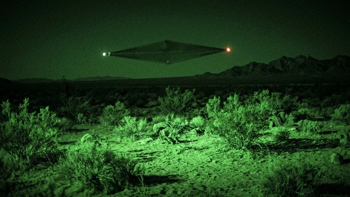 Night vision green image showing a faint dark kite-shaped object with red and white lights hovering just above the desert floor