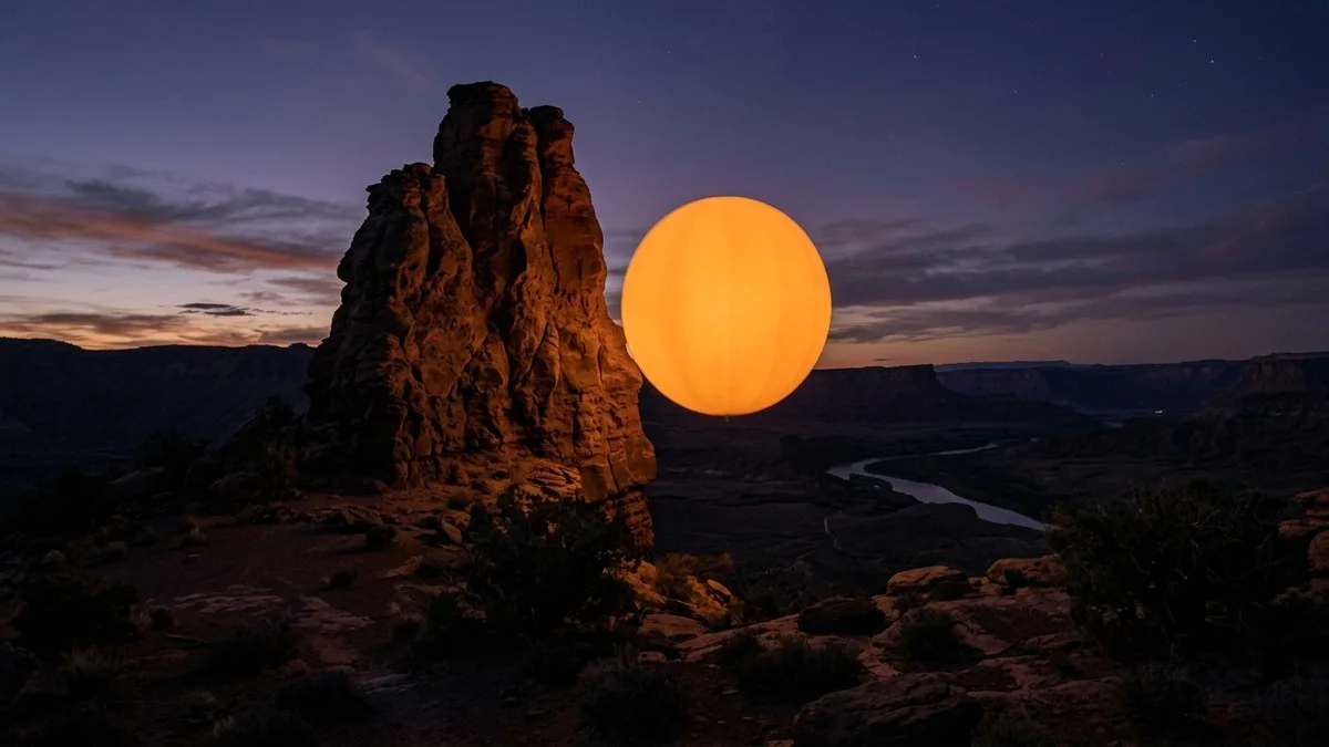 A massive glowing orange sphere hovering silently near a tall sandstone rock pinnacle in the American desert at dusk