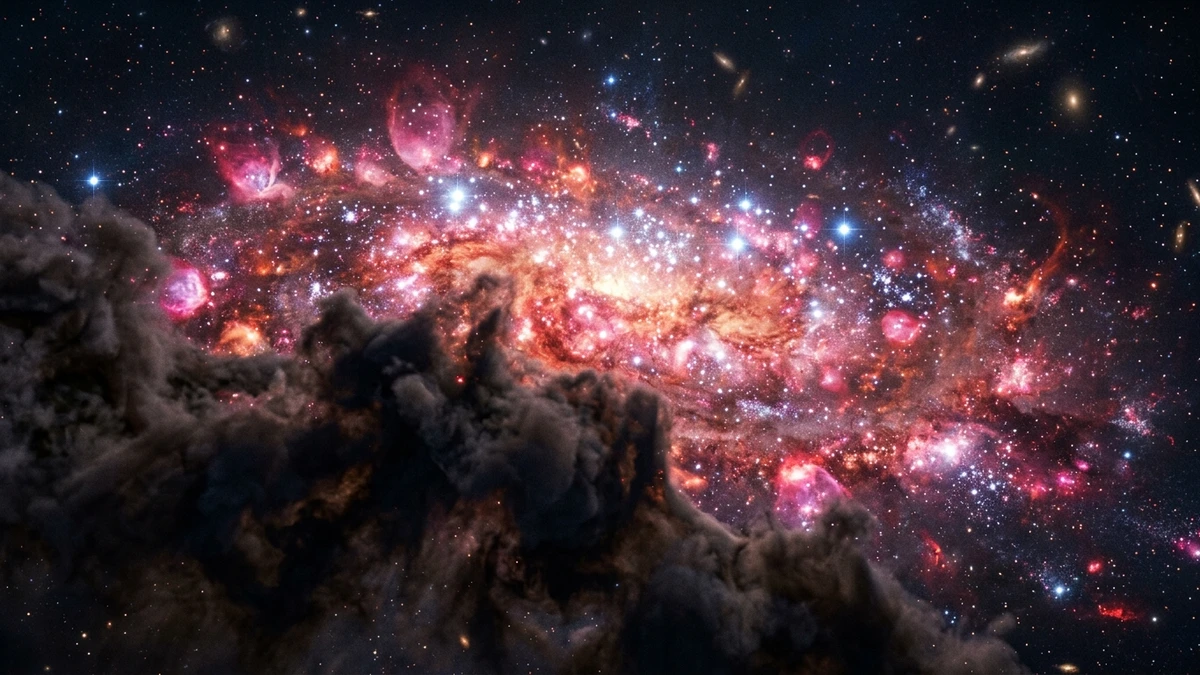 Artist's impression of the young Milky Way during cosmic noon, glowing with intense star formation, where ancient comet 3I/ATLAS may have formed in a cold dense cloud