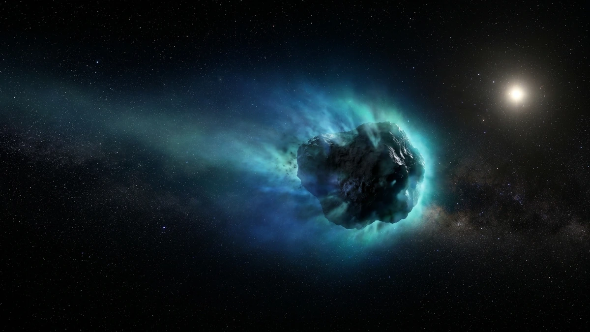 Artist's impression of interstellar comet 3I/ATLAS with a glowing coma of gas streaming from its icy nucleus as it moves away from the Sun, observed by the James Webb Space Telescope