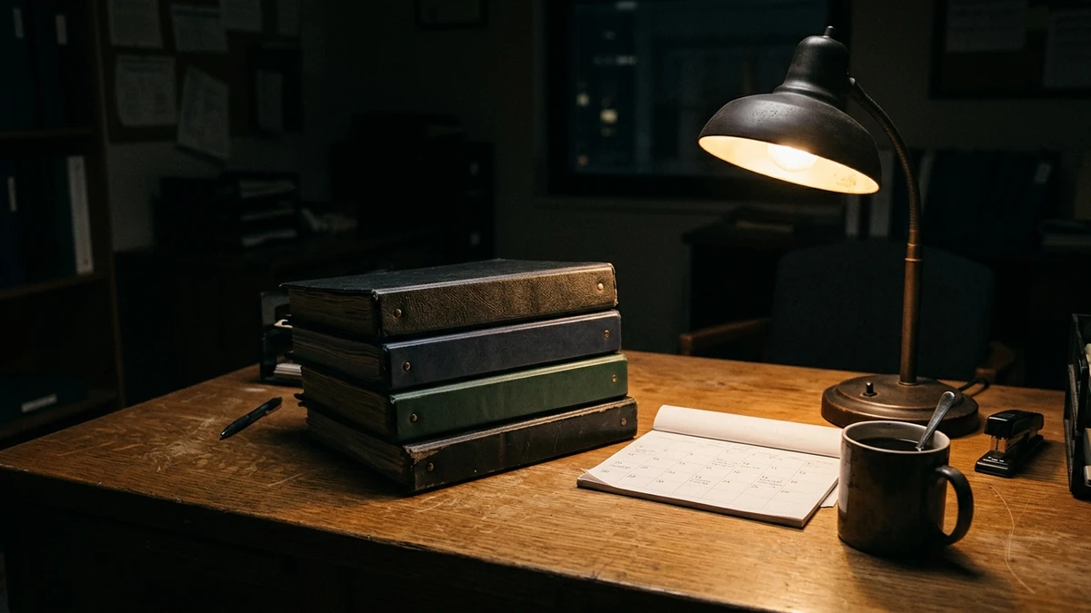 A stack of government reports on a desk beside a calendar, lit by a single desk lamp at night