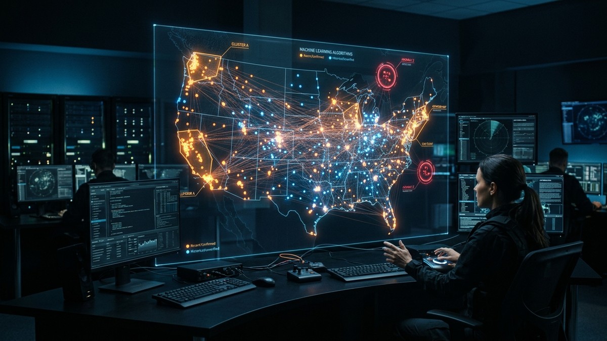 Abstract visualisation of AI analysing UAP data patterns across a dark interface