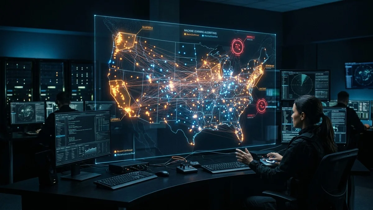 Abstract visualisation of AI analysing UAP data patterns across a dark interface