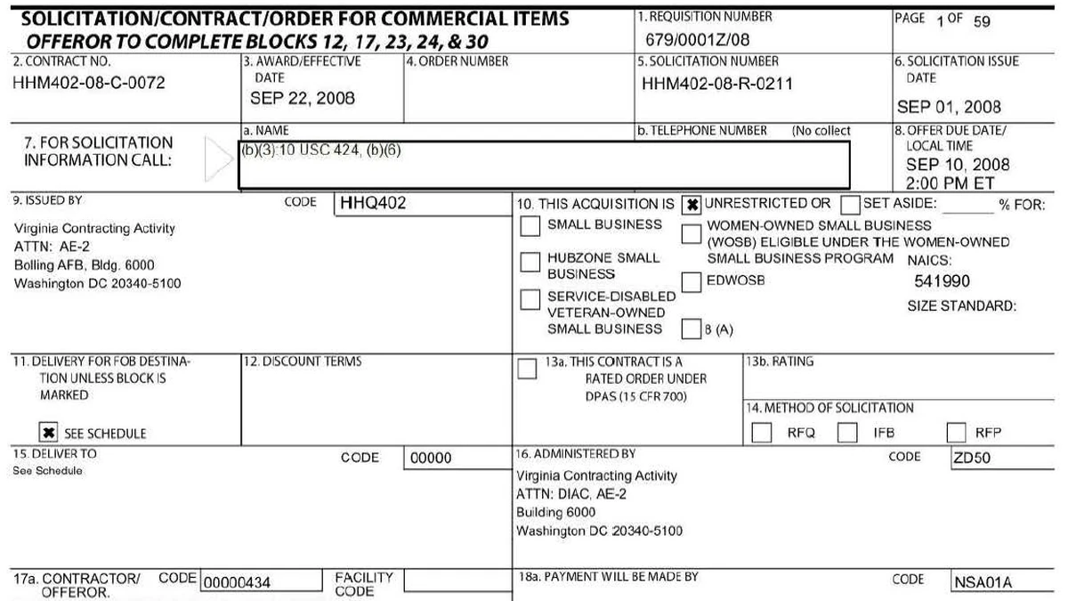 Top of the AAWSAP award form SF1449 showing contract HHM402-08-C-0072, solicitation issue date 1 September 2008, offer due 10 September 2008 and award date 22 September 2008, with the acquisition marked unrestricted