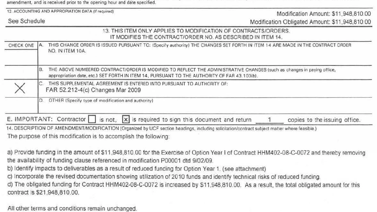 Typed purpose section of AAWSAP contract modification P00002 providing $11,948,810 for Option Year 1, identifying impacts to deliverables from reduced funding and stating a total obligated amount of $21,948,810