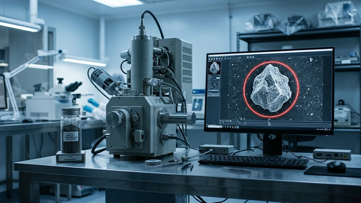 A clean-room laboratory bench with a sealed sample container of grey lunar soil beside an electron microscope, a screen showing a magnified grain flagged with a red outline