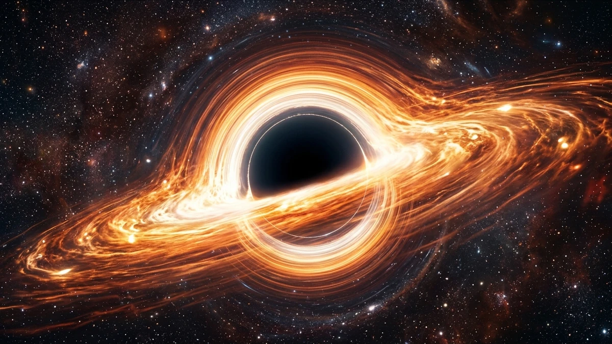 A supermassive black hole feeding in the early universe, surrounded by a brilliant swirling accretion disc of superheated orange and white gas