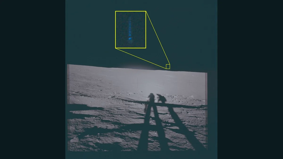 NASA-UAP-VM1: Apollo 12 lunar surface photograph with yellow annotation box and zoom inset showing a blue elongated luminous object above the lunar horizon