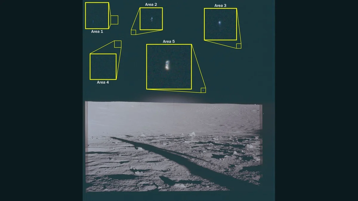 NASA-UAP-VM5: Apollo 12 photograph with five separate annotated areas each pointing to a different luminous anomaly above the lunar horizon