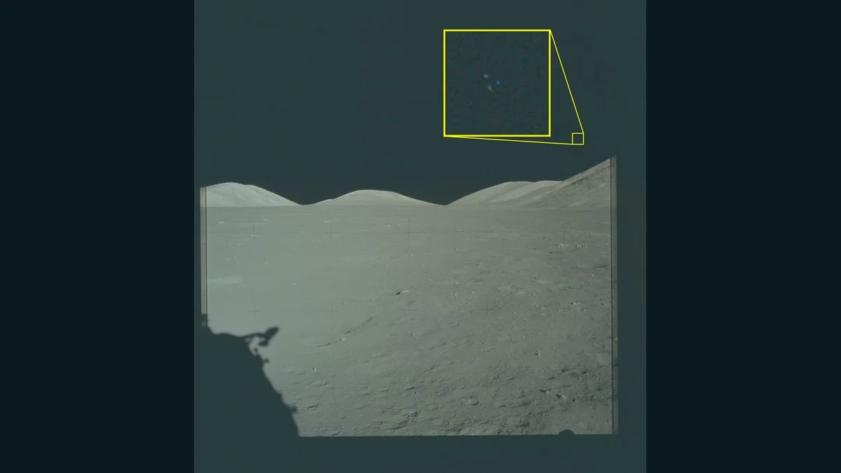 NASA-UAP-VM6: Apollo 17 photograph showing a blue-white cluster of lights above the Taurus-Littrow valley mountains, with yellow annotation box and zoom inset