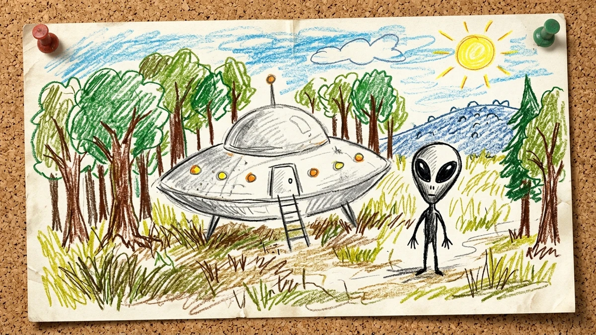 A child's naive crayon drawing of a silver flying saucer among trees with a small thin black figure beside it with large black eyes, in the style of the drawings made by Ariel School pupils