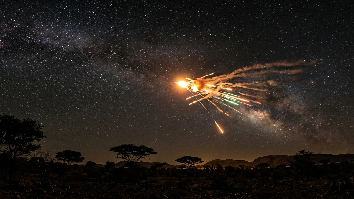 A bright fragmenting fireball breaking into burning streaks across the night sky over southern Africa, similar to the rocket re-entry seen two nights before the Ariel School sighting