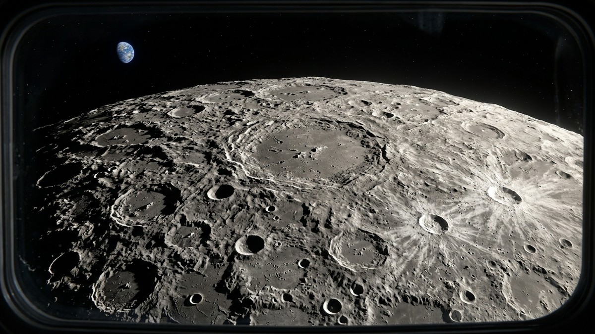 The far side of the Moon seen from space showing a rugged cratered surface with no dark maria, dramatically lit by sunlight, with Earth as a small blue marble in the distance
