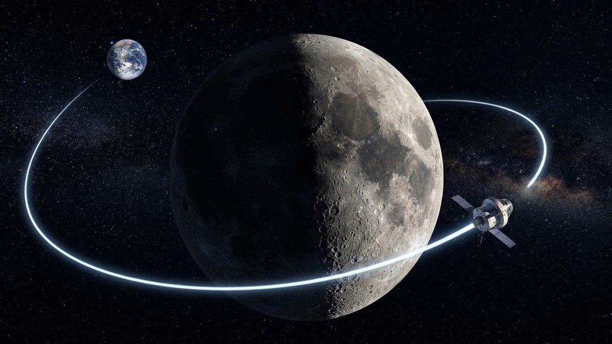 A visual timeline showing the Artemis II spacecraft's path around the Moon with key events marked: Earthset, closest approach, distance record, Earthrise, and blackout period