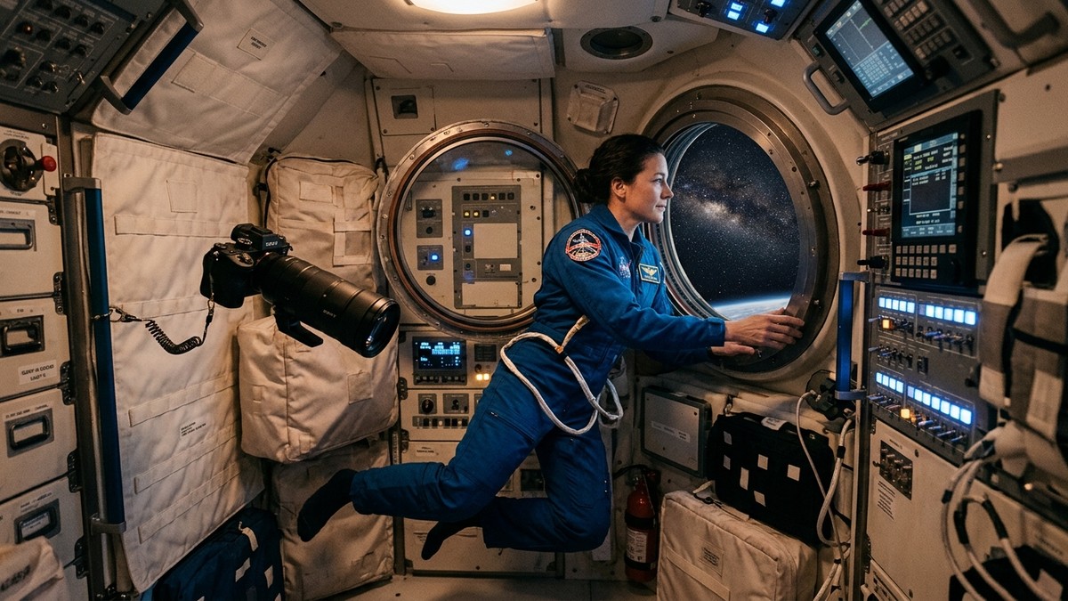 Interior of a spacecraft cabin with an astronaut floating near a window looking out at the stars