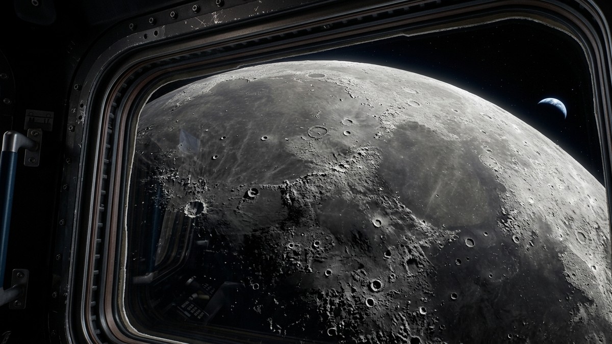 View of the Moon growing larger through a spacecraft window with instrument panels visible