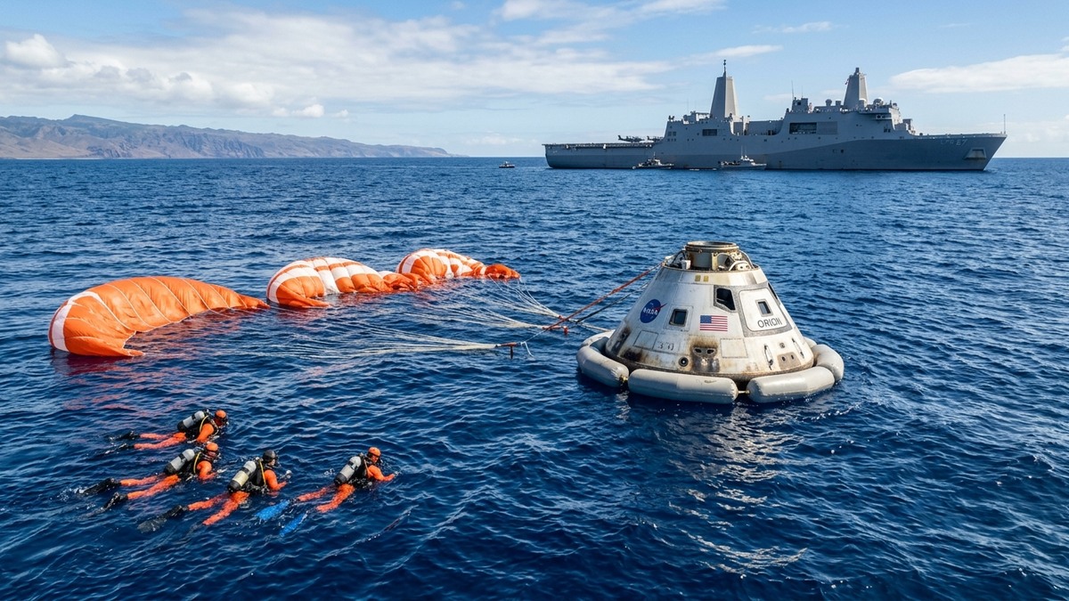 An Orion capsule floating in the Pacific Ocean after splashdown, surrounded by Navy recovery divers and parachutes