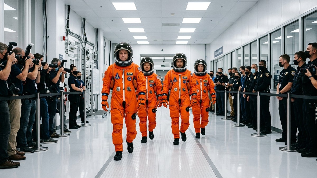 The four Artemis II astronauts in their orange flight suits walking towards the launch pad