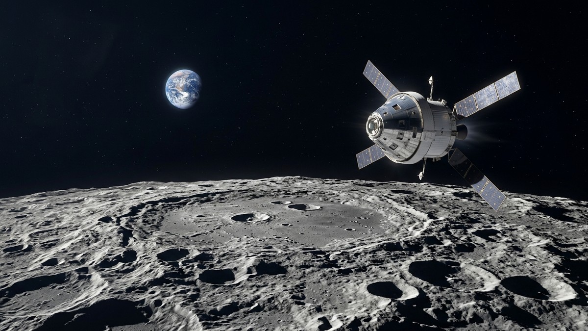 The Orion spacecraft approaching the Moon with Earth in the background