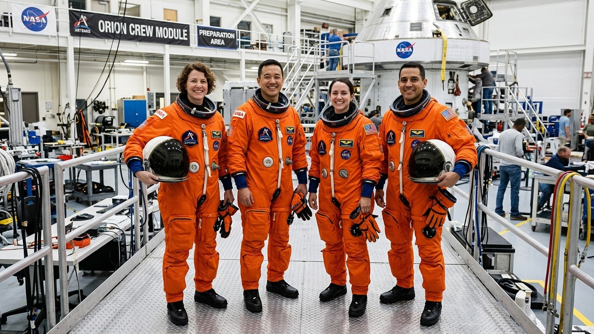 Four astronauts in orange NASA Orion suits ready for launch