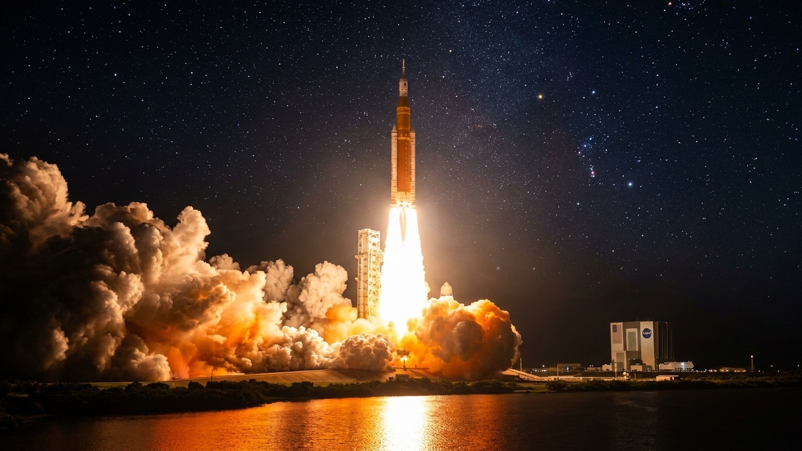 SLS rocket launching at night from Kennedy Space Center