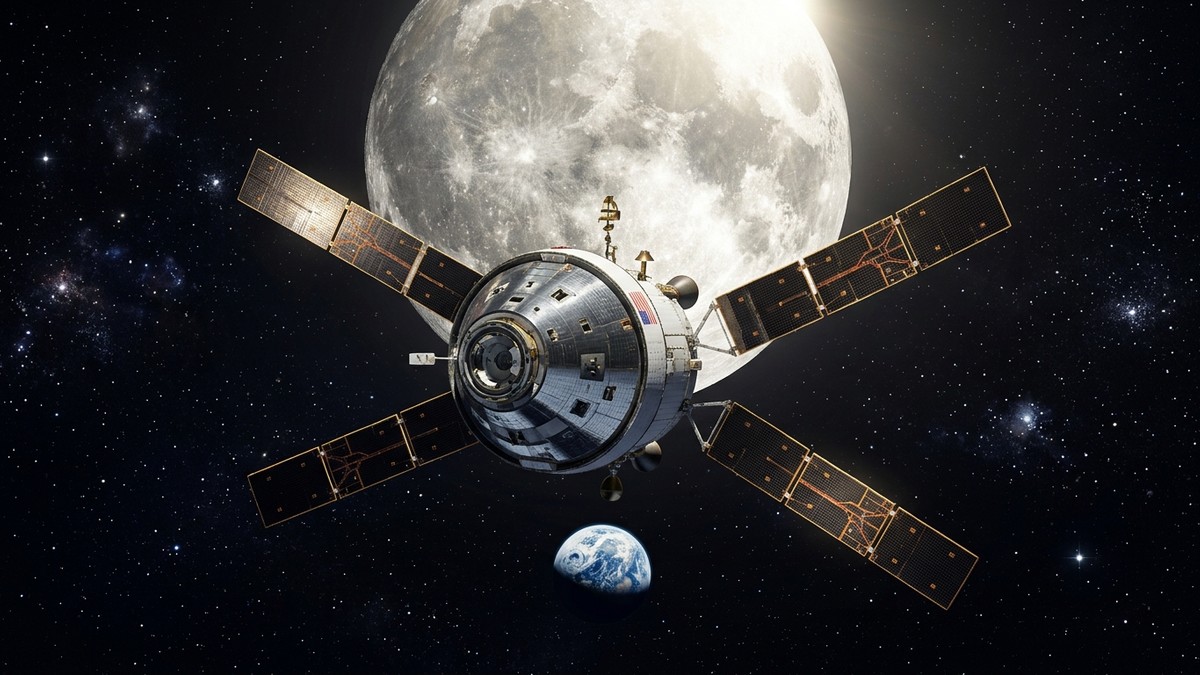 Orion spacecraft in deep space with the Moon in the background