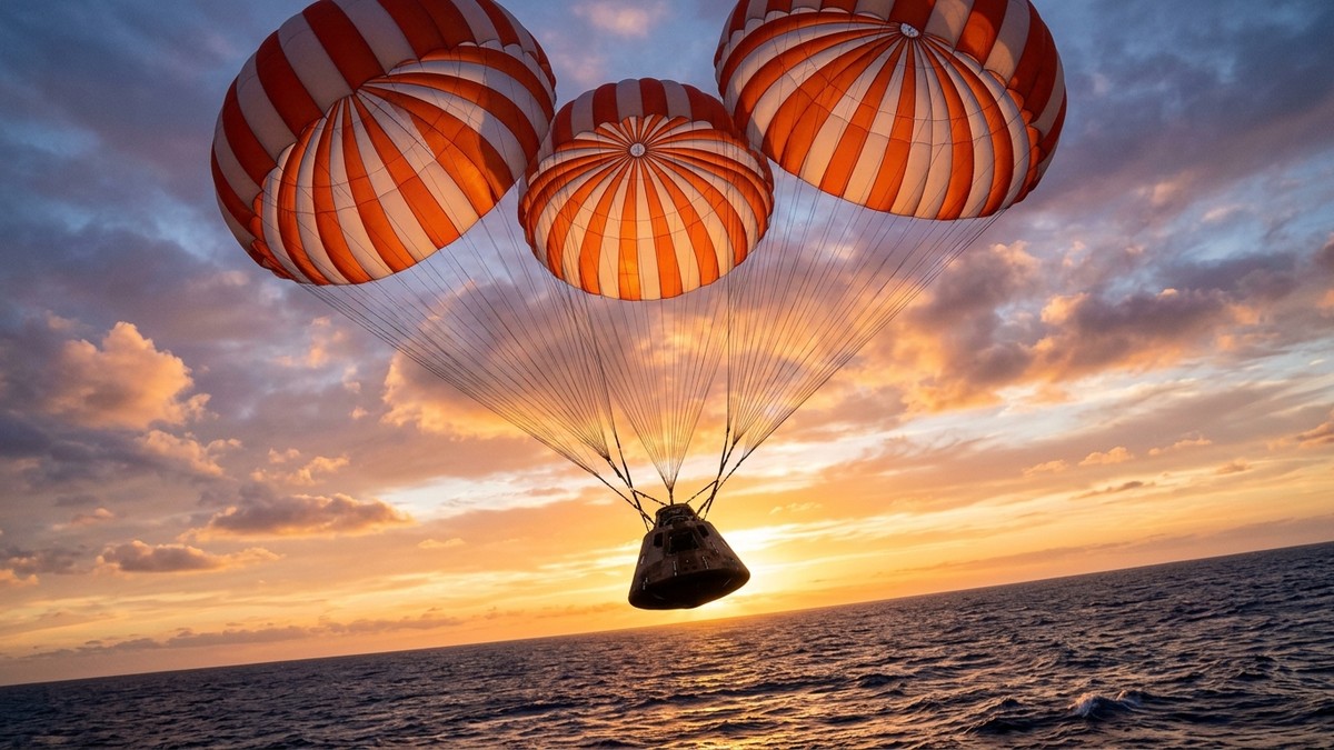 The Orion capsule descending under three large red-and-white main parachutes with the Pacific Ocean below at sunset