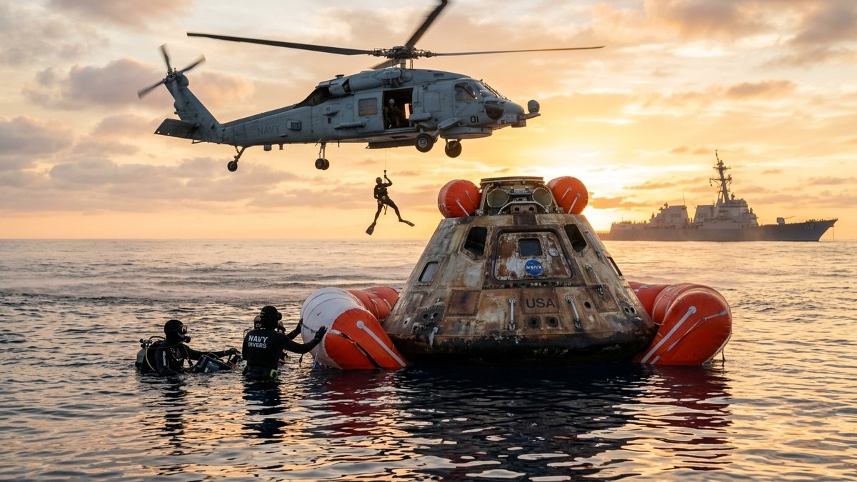 Navy divers and helicopters surrounding the Orion capsule floating in the Pacific Ocean after splashdown at sunset