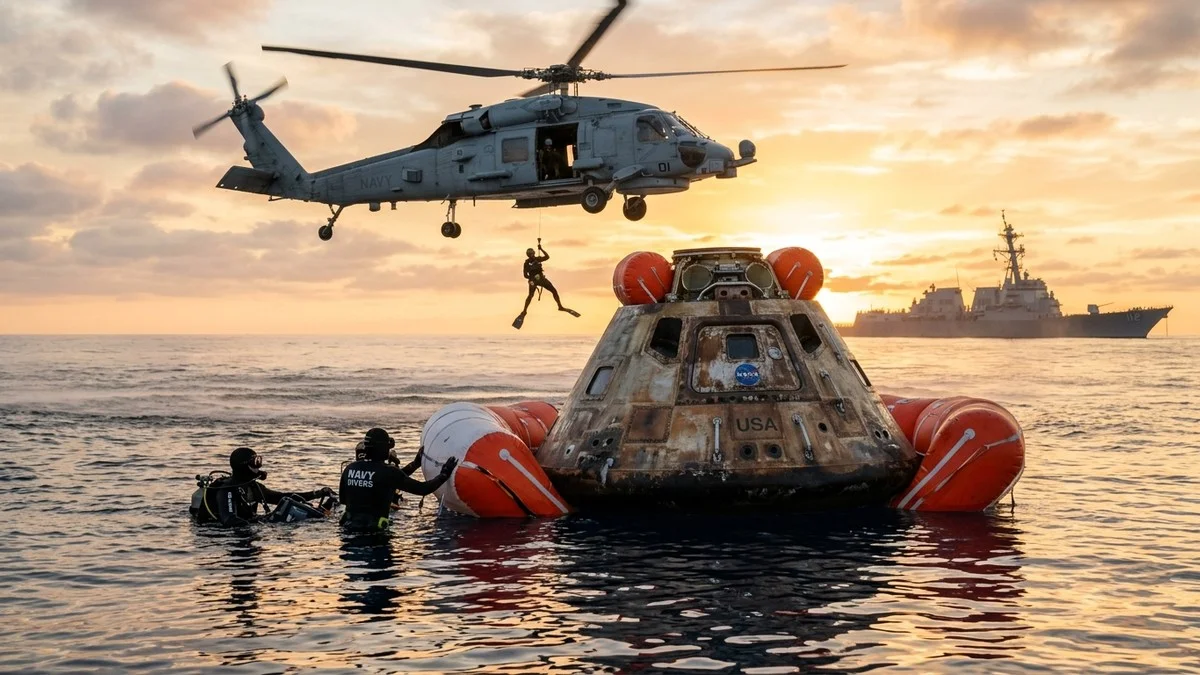 Navy divers and helicopters surrounding the Orion capsule floating in the Pacific Ocean after splashdown at sunset