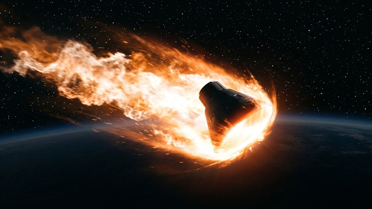 An illustration of the Orion capsule surrounded by superheated plasma during atmospheric re-entry, with a glowing orange heat shield