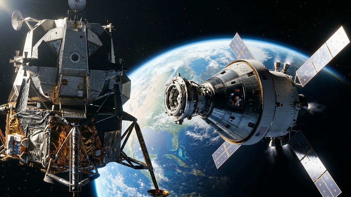 Artistic depiction of Orion spacecraft docking with a lunar lander in Earth orbit with the Moon in the background