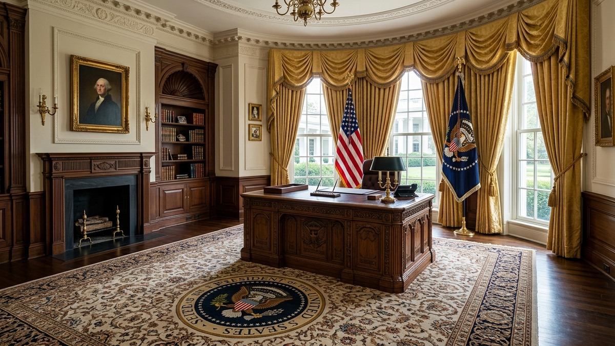 Artistic depiction of astronauts standing in the Oval Office with the presidential seal and space imagery