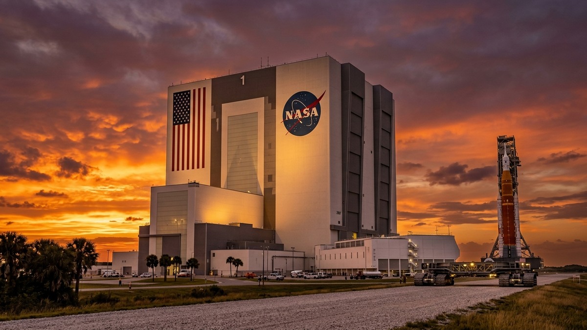 Artistic depiction of the massive Vehicle Assembly Building at Kennedy Space Center with an SLS rocket being assembled