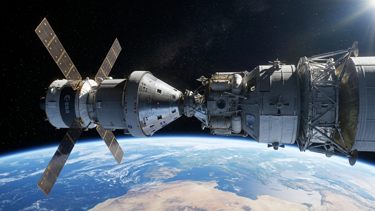 Orion spacecraft docked with a lunar lander test vehicle in low Earth orbit during the Artemis III mission, with Earth below
