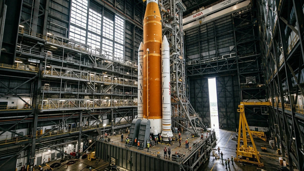 The Artemis III SLS rocket being stacked inside the Vehicle Assembly Building at Kennedy Space Center