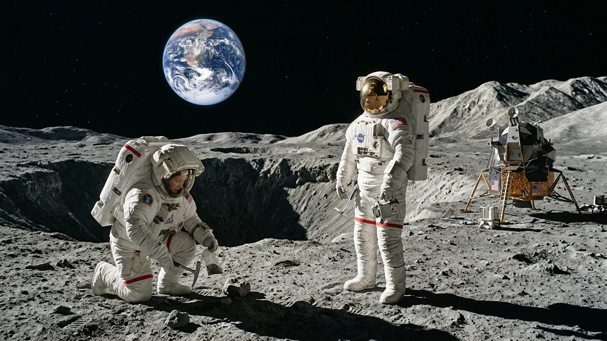 Artist's impression of two NASA Artemis astronauts in white AxEMU spacesuits at the lunar south pole, with rugged crater terrain, Earth rising over the horizon, and a lunar lander visible in the background