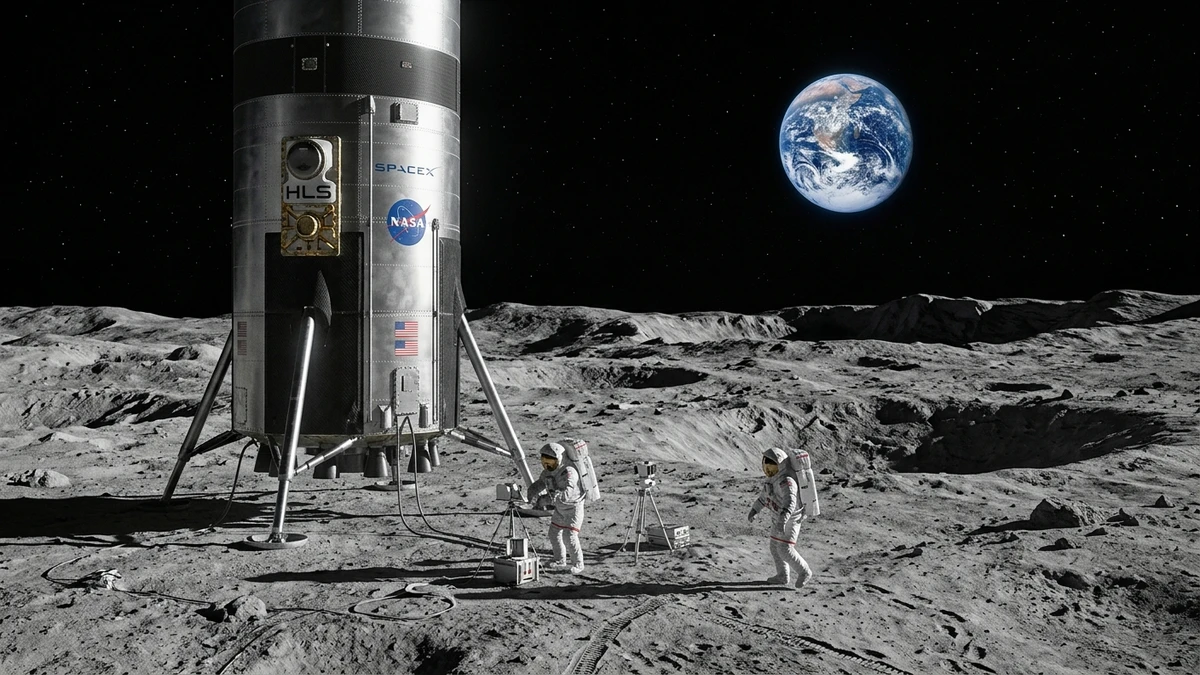 Artist's impression of SpaceX Starship HLS lunar lander on the Moon's south pole surface, with astronauts in white NASA spacesuits conducting EVA, Earth visible in the black sky above