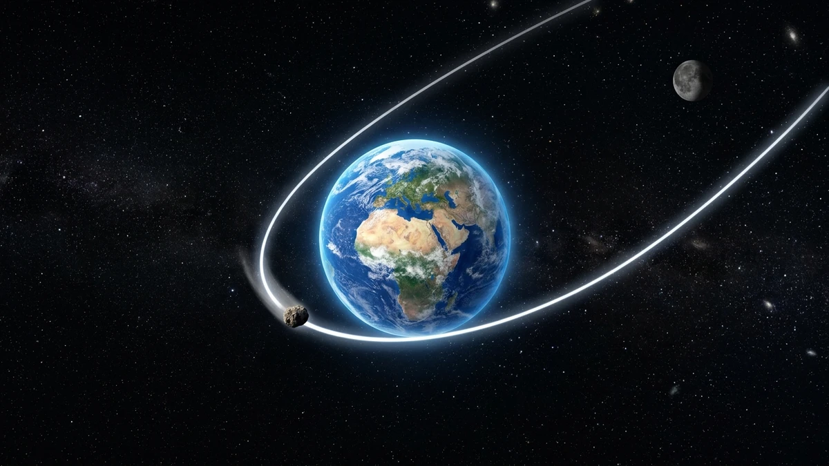 Artistic visualisation of asteroid 2026 JH2 on its close approach trajectory past Earth, with Earth and Moon shown to scale