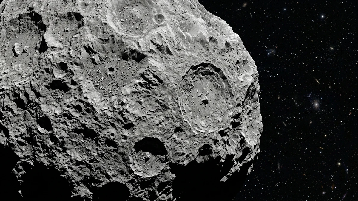 Scale diagram comparing asteroid 2026 JH2 at around 25 metres wide to a blue whale and a basketball court, set against a dark space background