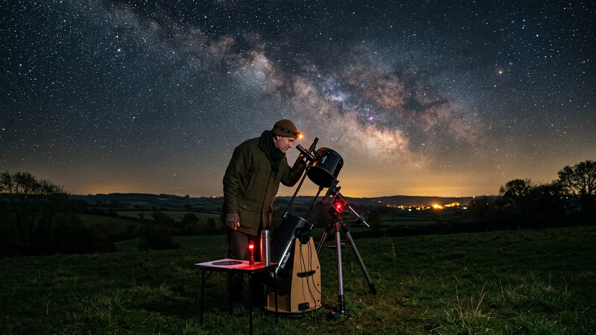 A UK stargazer looking through a telescope on a clear night with a star-filled sky above